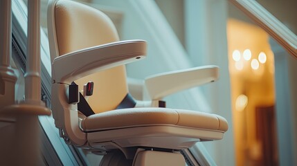 A close-up of the stair lift seat with safety belts, emphasizing security features in a residential home.