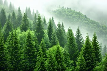 Fototapeta premium Lush green forest with towering pine trees shrouded in mist during a tranquil morning in the mountains