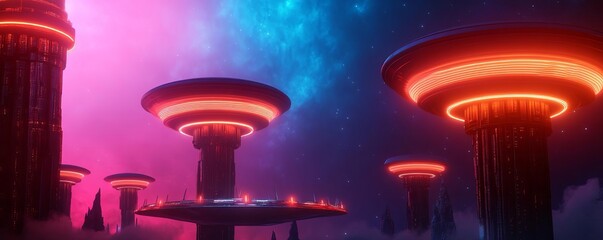 Alien city with neon-lit towers, floating bridges, futuristic architecture