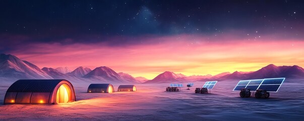 Alien desert camp, solar panels, robotic vehicles, distant mountains, glowing night sky