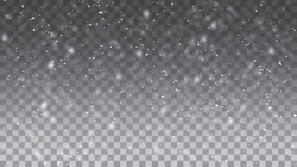 Realistic falling snow on transparent background vector. The dust sparks and golden stars shine with special light.