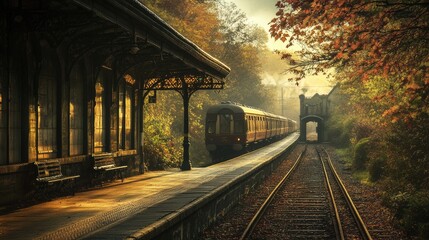 A lonely platform at a rural railway station as an old-fashioned train approaches, evoking nostalgia and quietude.
