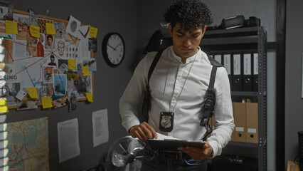 A young hispanic male detective analyzes evidence in a police station's office, surrounded by...