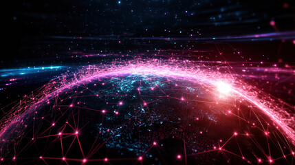vibrant 3D representation of interconnected points and lines around Earth, showcasing digital