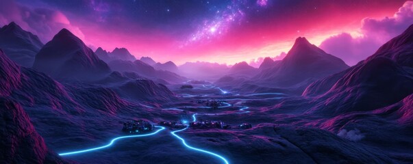 Alien landscape with human settlement, bioluminescent pathways, distant galaxy view