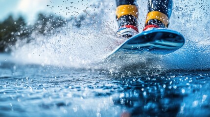 Naklejka premium A thrilling moment of wakeboarding on a sunny day splashing through clear blue water