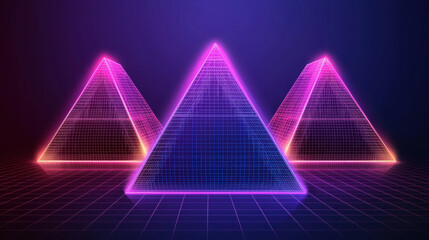 Futuristic pyramids with glowing wireframe design create captivating scene