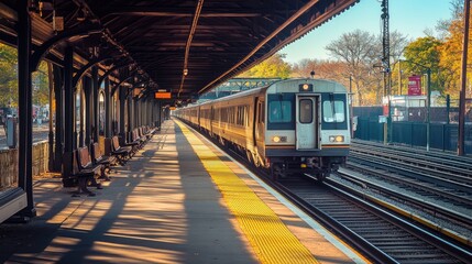Fototapeta premium A peaceful moment as a train arrives at an empty station, with no passengers in sight, emphasizing stillness and quiet.