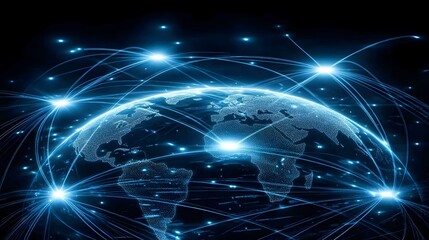 Obraz premium A glowing, interconnected globe representing global communication and technology networks set against a dark background.