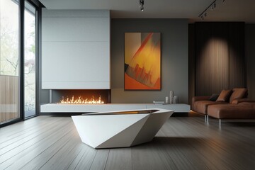 Modern fireplace with a unique angular design, placed in a contemporary art-filled apartment.
