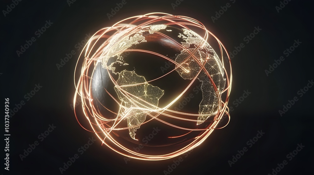 Poster a glowing spherical representation of the earth, interconnected by light trails, symbolizing global 
