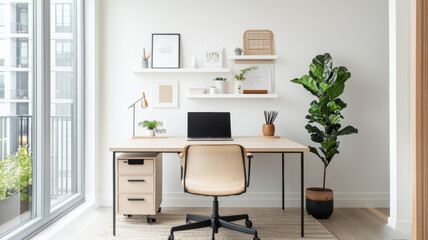 A modern home office setup featuring stylish desk, ergonomic chair, and decorative plants. bright space is designed for productivity and comfort, with minimalistic decor
