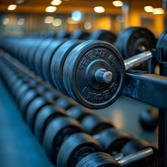 Close up many black metal dumbbells on rack in sport fitness gym