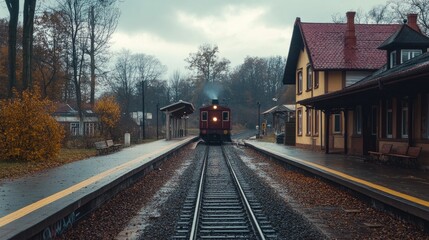 Fototapeta premium A small, rural train station with an old locomotive pulling in, creating a sense of history and peaceful solitude.