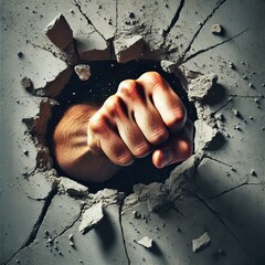 Illustration of a fist breaking through a wall, representing strength and action - Square-format