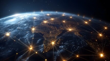 A stunning view of Earth at night, showcasing illuminated cities and network connections that highlight global connectivity.
