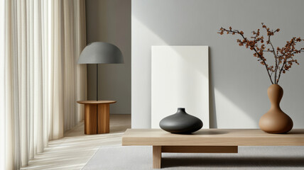 A serene interior scene featuring minimalist design with wooden table, decorative vases, and stylish lamp. soft natural light enhances calm atmosphere, perfect for relaxation