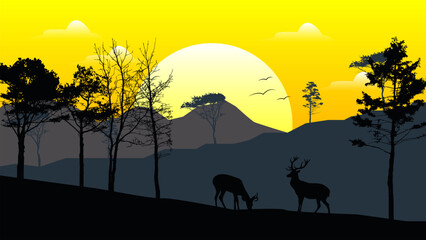 Beautiful natural scenery with tree silhouettes and wild deer, nature concept