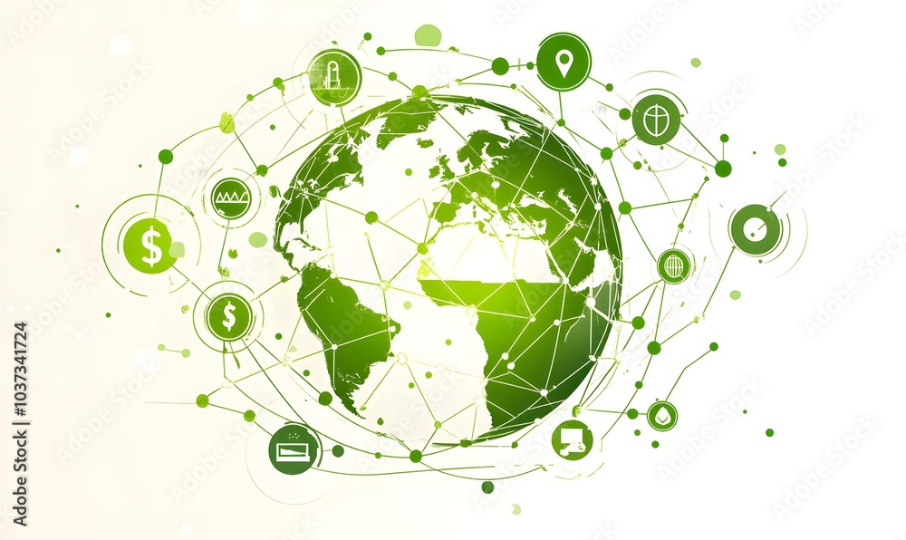Poster The image depicts a green-themed digital globe with interconnected icons, symbolizing global connectivity and sustainability.