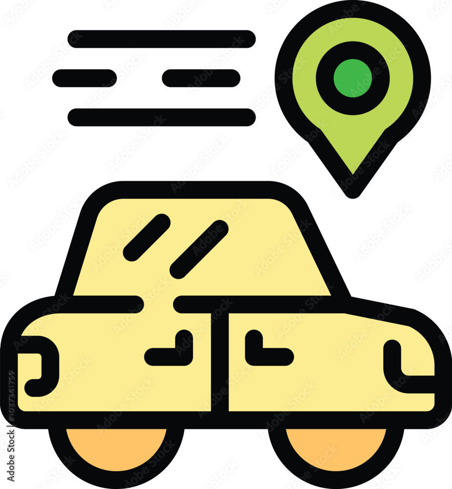 Poster simple colorful icon of a yellow car moving fast towards a location pin, perfect for representing co