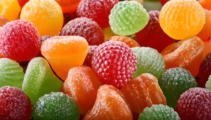 A vibrant selection of gummy candies in various fruit flavors, coated with sugar crystals. Perfect for conveying sweetness, fun, and nostalgia in any promotional material or project.
