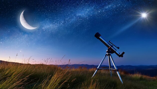 Dream big A vast night sky filled with stars and a bright crescent moon. The telescope stands nearby, pointing out into the universe, representing endless possibilities and dreams that reach far beyon