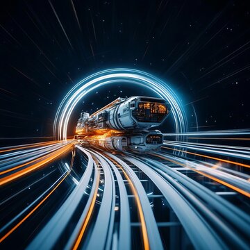Colonist spaceship docking, mega-structure in space, light trails, deep galaxy background