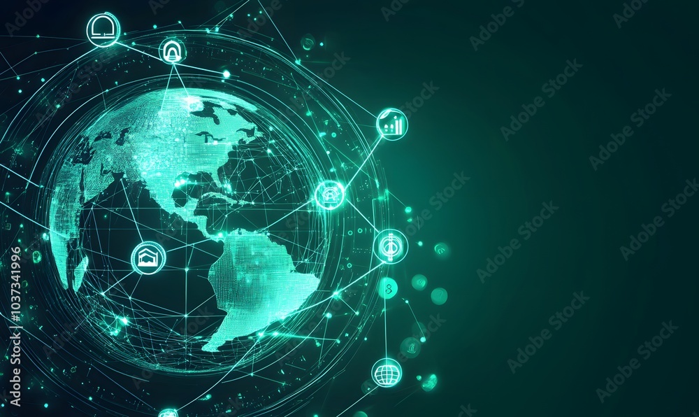 Fototapete a digital globe illuminated in green, showcasing connectivity through circuits and icons, representi