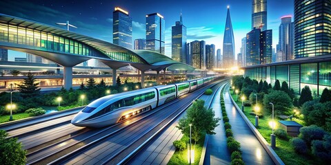 Obraz premium Night Photography of a Sustainable Transit Hub with High-Speed Trains - Digital Art Illustration