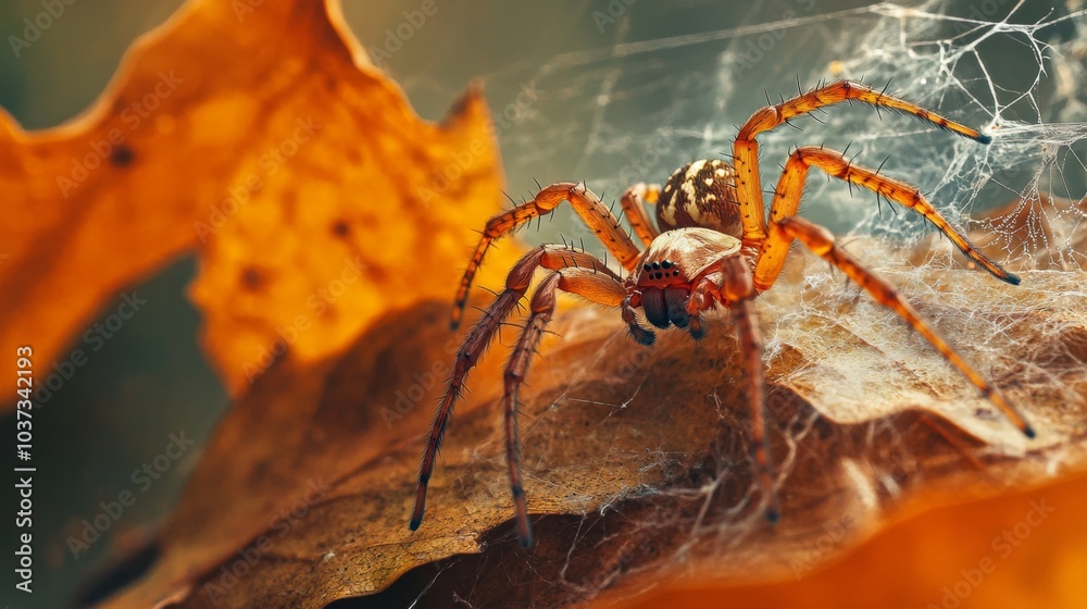 Poster Spider on Leaves with Web Background in Autumn Light