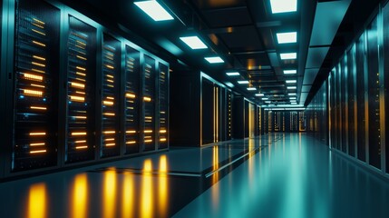Fototapeta premium A modern data center with rows of server racks and glowing LED indicators, Data center scene, High-tech and secure style