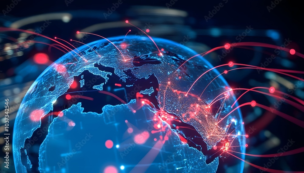 Fototapete A digital globe visualization showcasing interconnected networks with vibrant lines and glowing nodes, representing global connectivity and data flow.