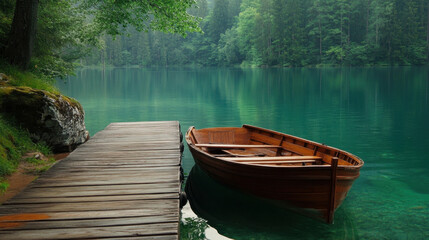 Obraz premium tranquil lake with wooden dock and rowboat, surrounded by lush greenery, creates serene atmosphere perfect for relaxation and reflection