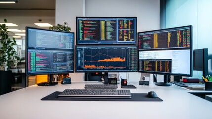 Naklejka premium A modern cryptocurrency trading desk, sleek office with multiple monitors displaying market data, Financial style