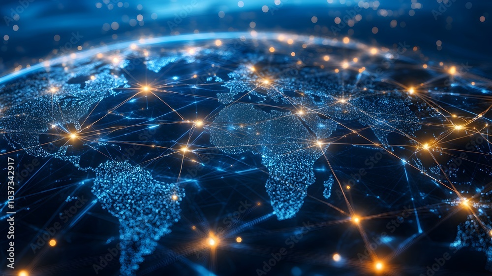 Fototapete a glowing, digital representation of earth showcasing interconnected networks and glowing nodes acro