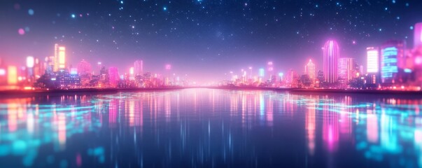 Obraz premium Floating city with bioluminescent rivers, neon lights, starry night