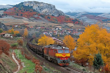 Obraz premium A freight train traverses the autumn landscape near a mountain village, showcasing vibrant fall foliage under a cloudy sky