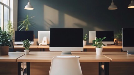 Modern Workspace with Plants and Computers