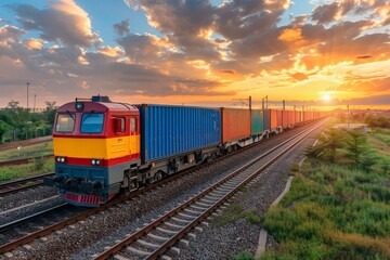 Fototapeta premium A colorful freight train travels along tracks at sunset, surrounded by vibrant clouds and greenery in the distance