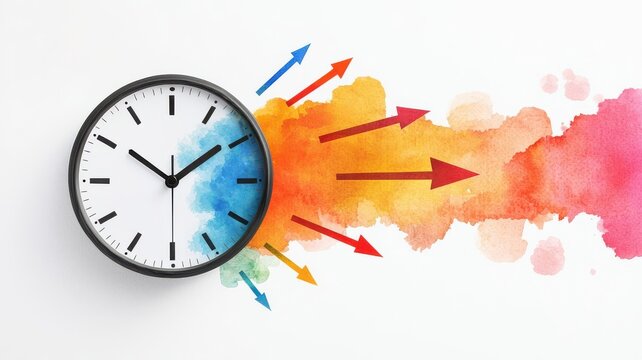 Clock face with arrows, pointing to tasks, time allocation, Watercolor style