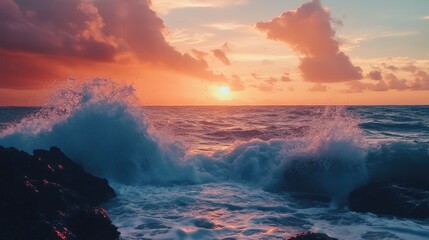 Waves crashing against rocks as the sky turns brilliant shades of orange and pink during sunset, capturing natur power.