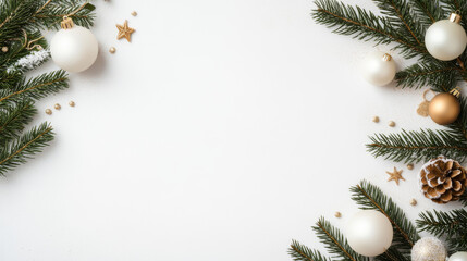 A festive arrangement of Christmas decorations featuring white and gold ornaments, pine branches, and natural elements like pine cones and stars, creating joyful holiday atmosphere