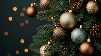 Obraz premium Festive Christmas tree adorned with elegant ornaments, including gold, bronze, and green baubles, alongside pinecones and twinkling lights, creating warm holiday atmosphere