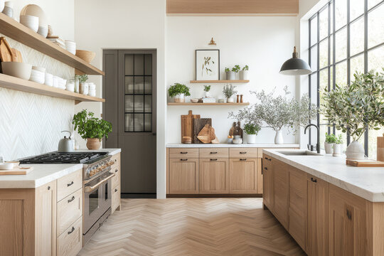 A modern kitchen featuring wooden cabinets, stylish countertop, and abundant greenery. open space is brightened by large windows, creating warm and inviting atmosphere