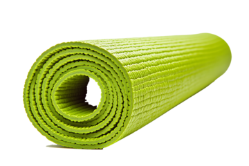 green rolled up yoga mat isolated on a white transparent background