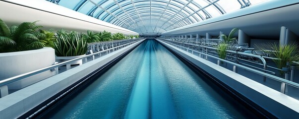 Obraz premium Futuristic water filtration plant, alien river, high-tech domes, strange plant life