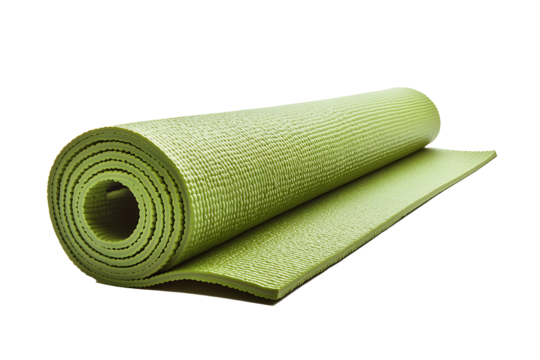 green rolled up yoga mat isolated on a white transparent background