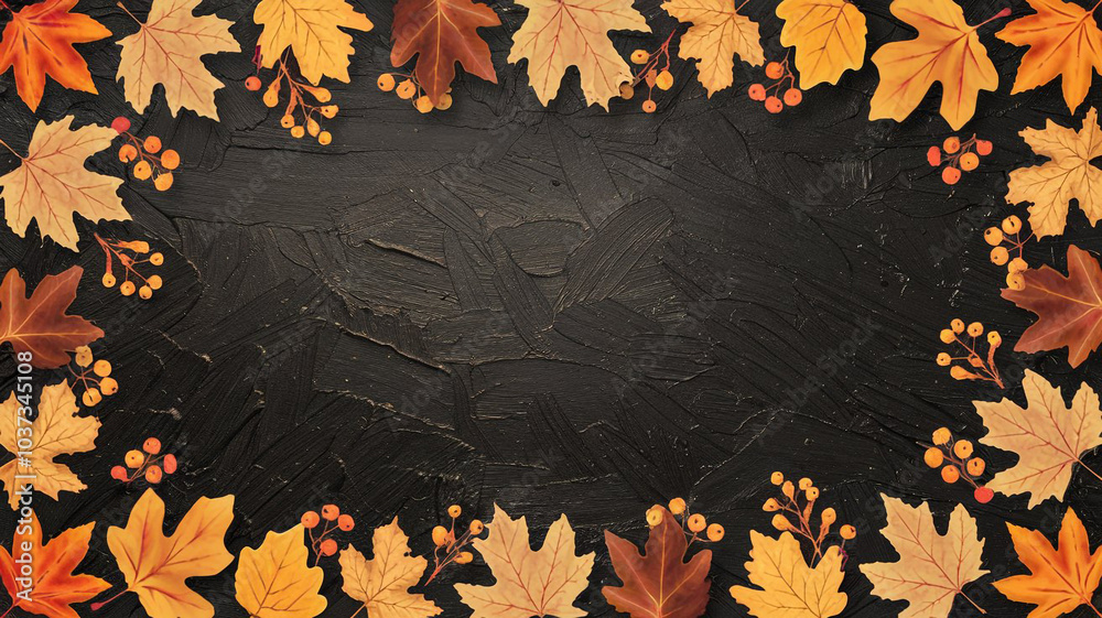 Wall mural a rustic dark autumn background with maple, oak, and berries.