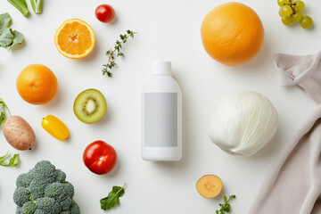 Fresh fruits and vegetables surround white bottle, creating vibrant and healthy composition. arrangement includes oranges, tomatoes, and broccoli, evoking sense of wellness and nutrition