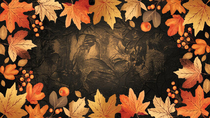 A rustic dark autumn background with maple, oak, and berries.